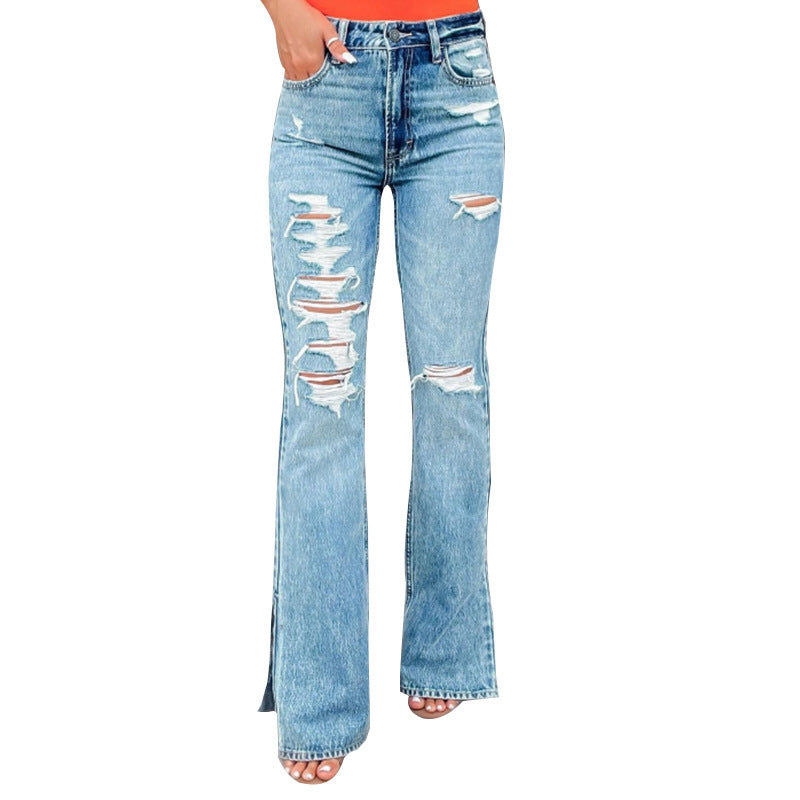 Woman's High Waist Ripped Stretch Split Trousers