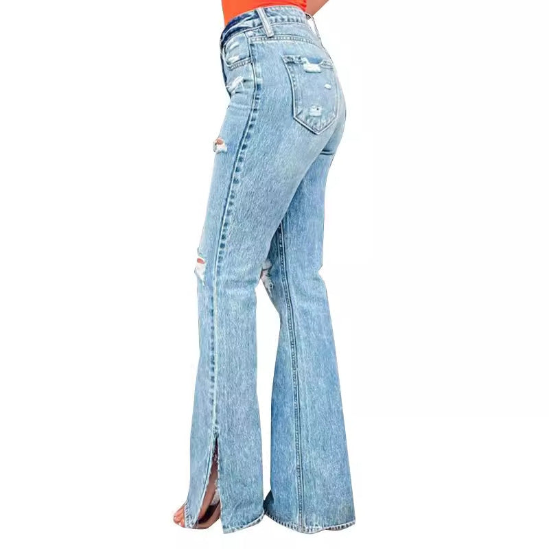 Woman's High Waist Ripped Stretch Split Trousers