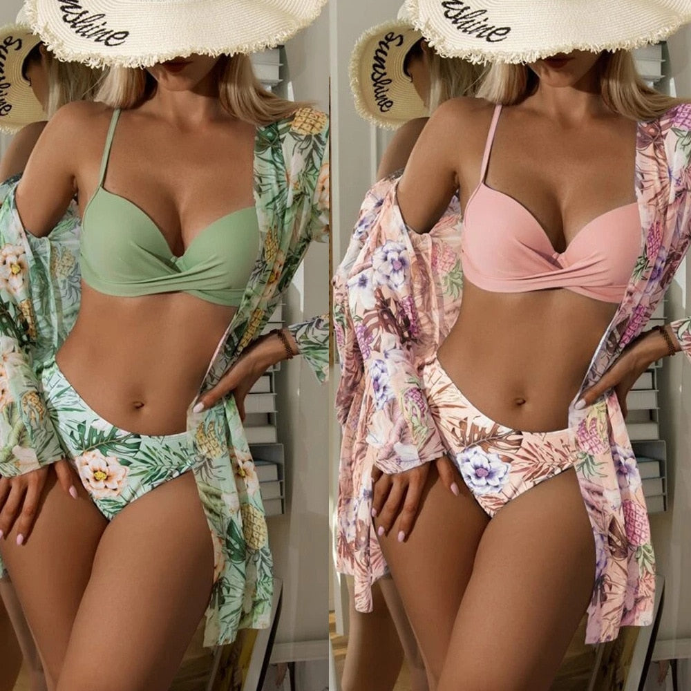 3 Piece Low Waist Floral Twist Cover Up Bikini Swimsuit Set