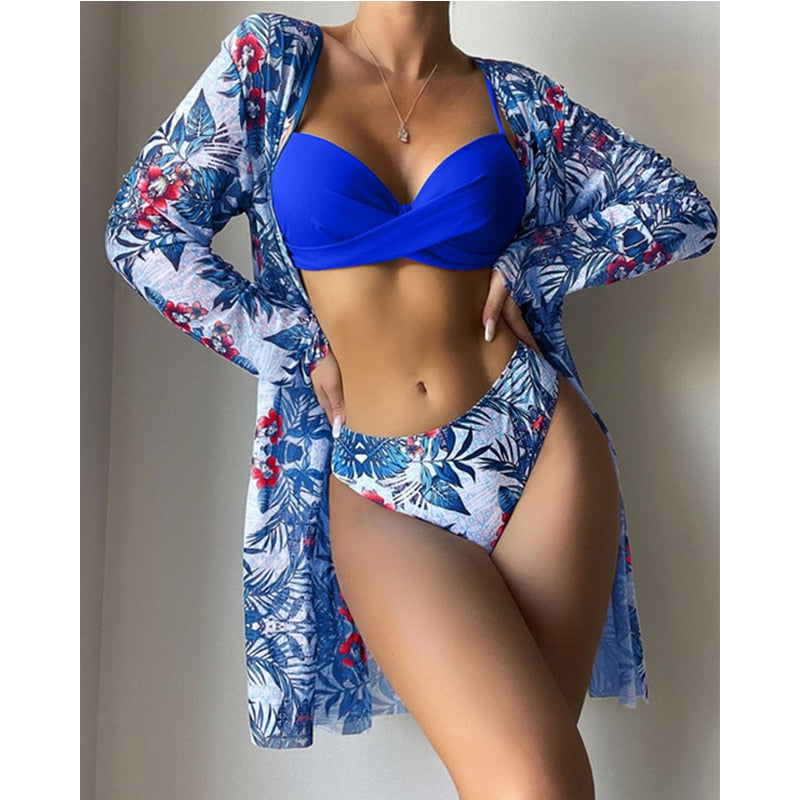 3 Piece Low Waist Floral Twist Cover Up Bikini Swimsuit Set