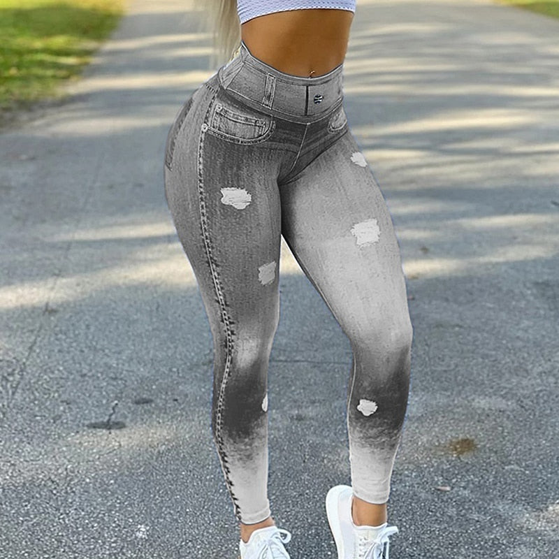 Woman's High Waist Faux Denim Jean Leggings