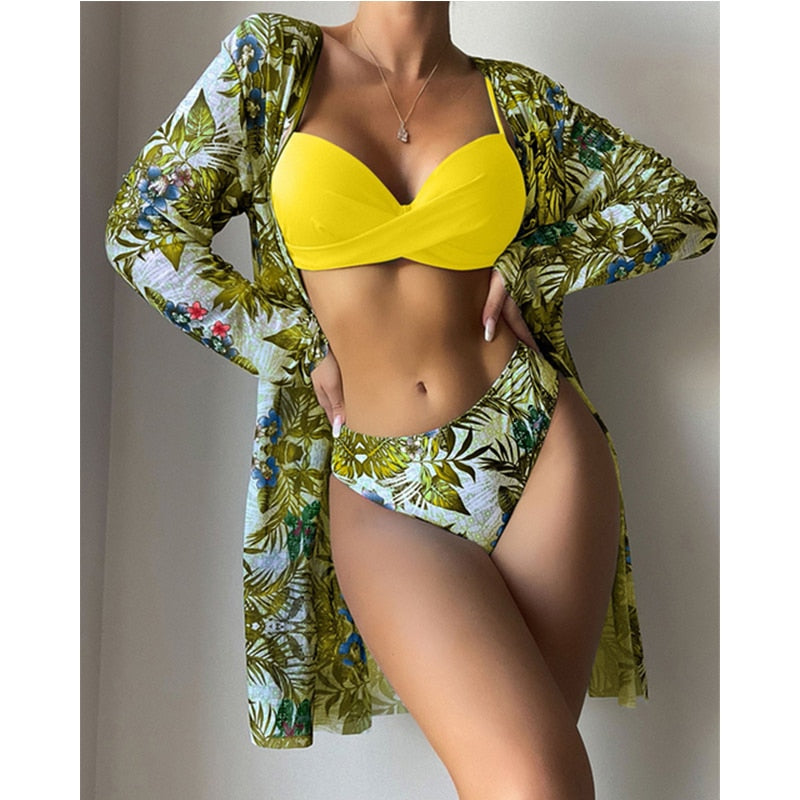 3 Piece Low Waist Floral Twist Cover Up Bikini Swimsuit Set