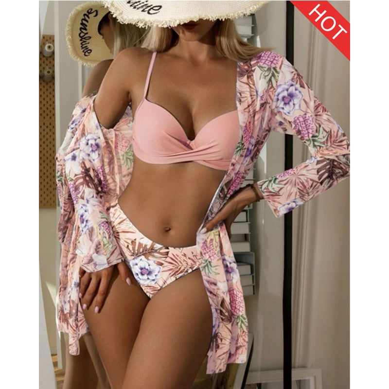 3 Piece Low Waist Floral Twist Cover Up Bikini Swimsuit Set