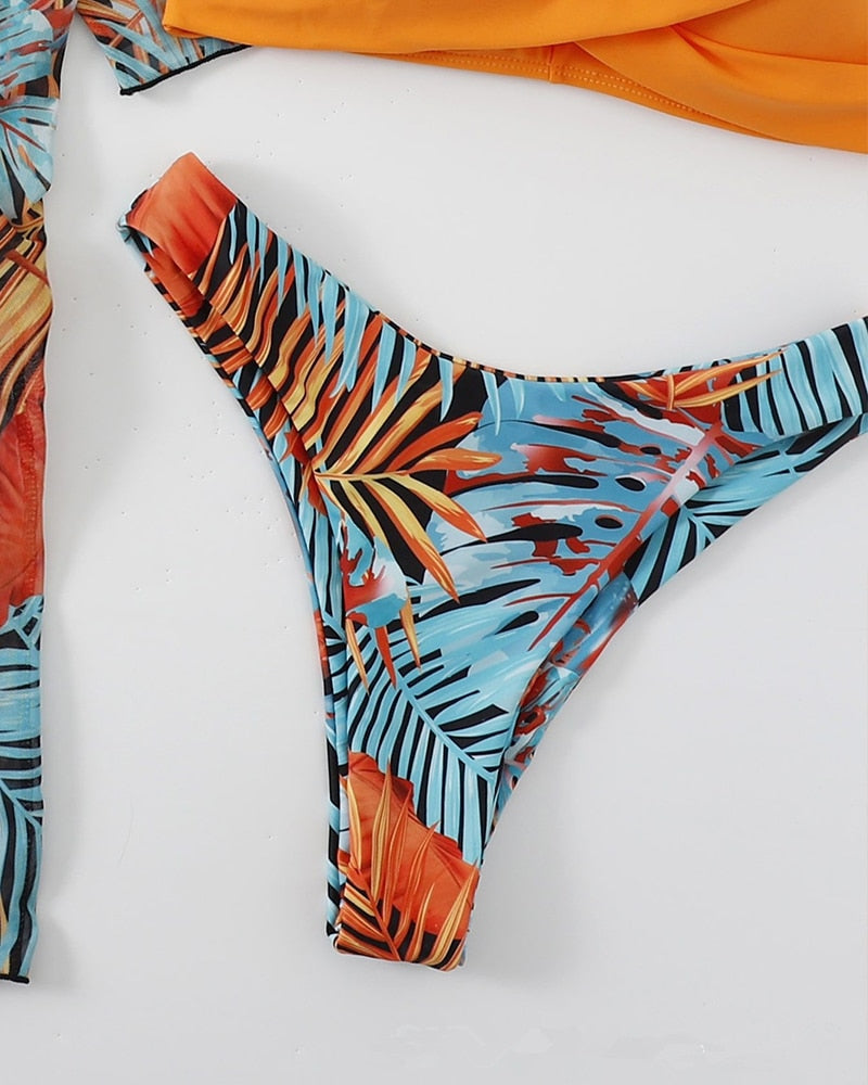 3 Piece Low Waist Floral Twist Cover Up Bikini Swimsuit Set
