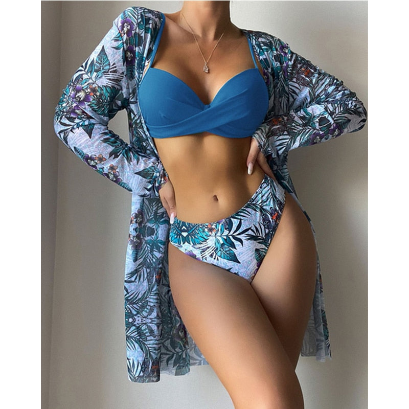 3 Piece Low Waist Floral Twist Cover Up Bikini Swimsuit Set
