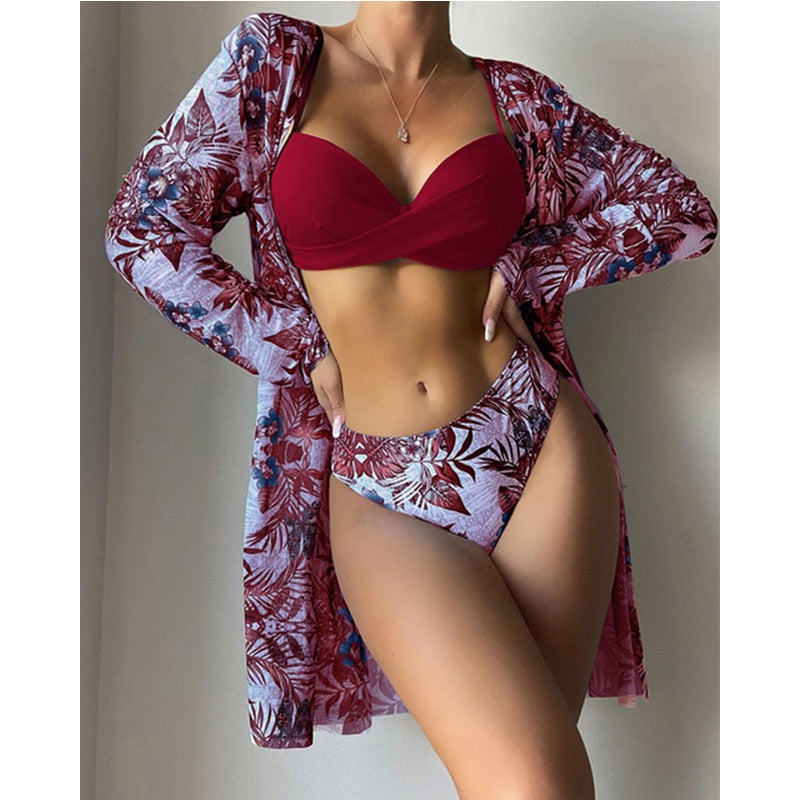 3 Piece Low Waist Floral Twist Cover Up Bikini Swimsuit Set