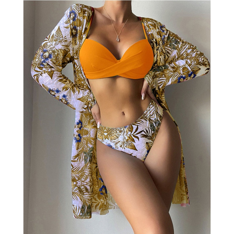 3 Piece Low Waist Floral Twist Cover Up Bikini Swimsuit Set