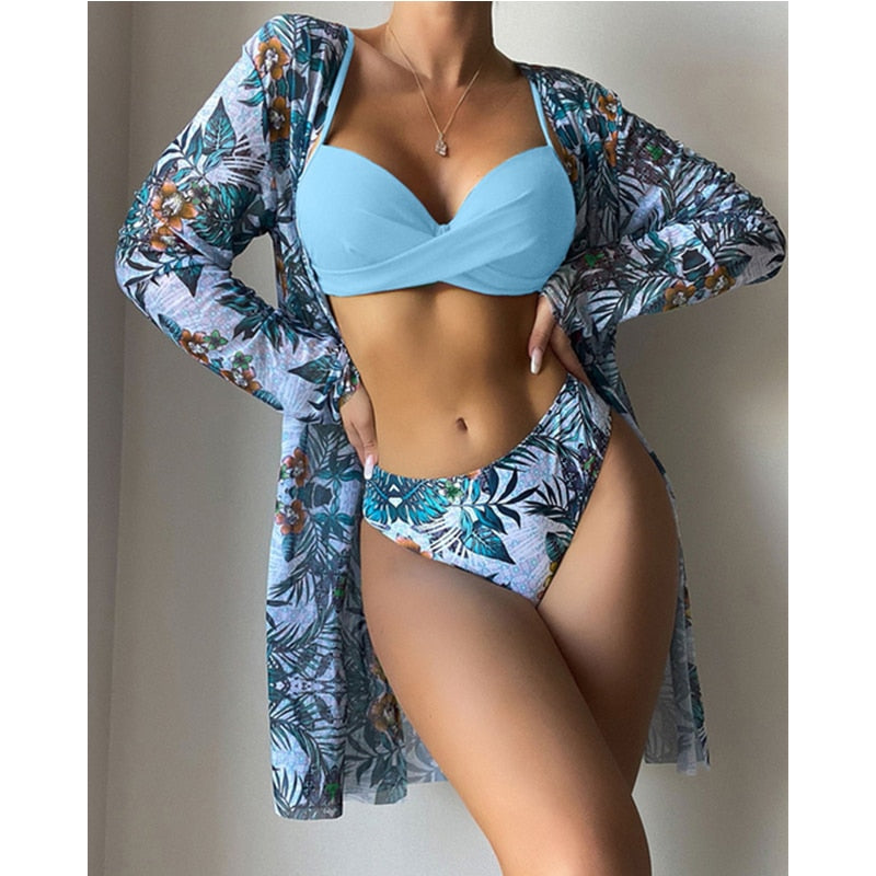 3 Piece Low Waist Floral Twist Cover Up Bikini Swimsuit Set