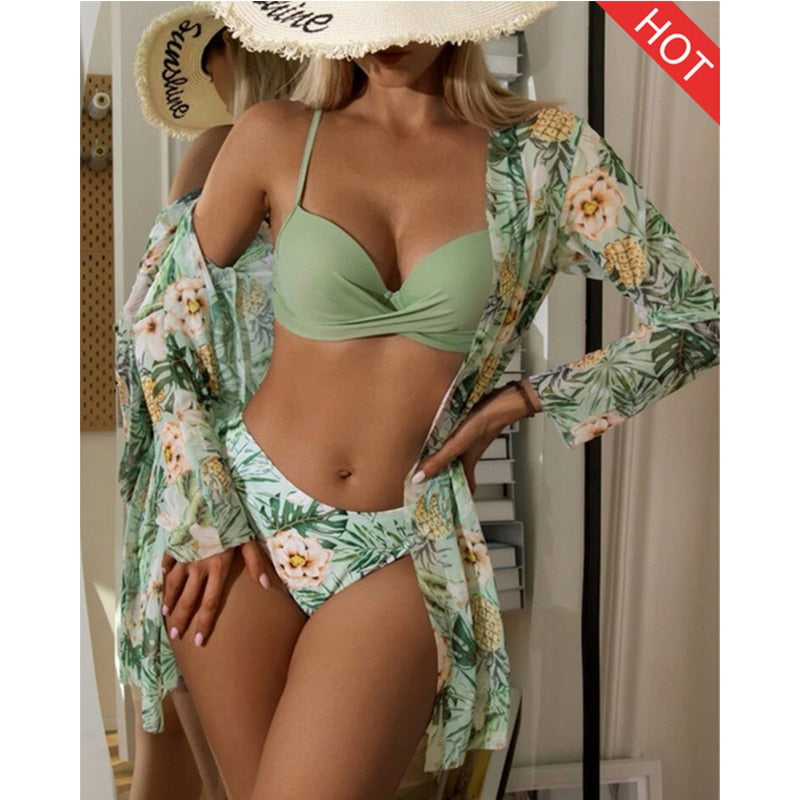 3 Piece Low Waist Floral Twist Cover Up Bikini Swimsuit Set