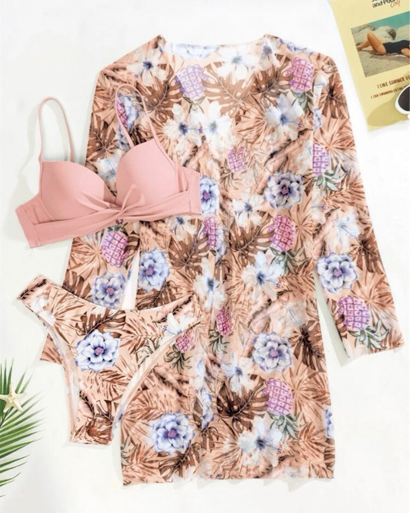 3 Piece Low Waist Floral Twist Cover Up Bikini Swimsuit Set