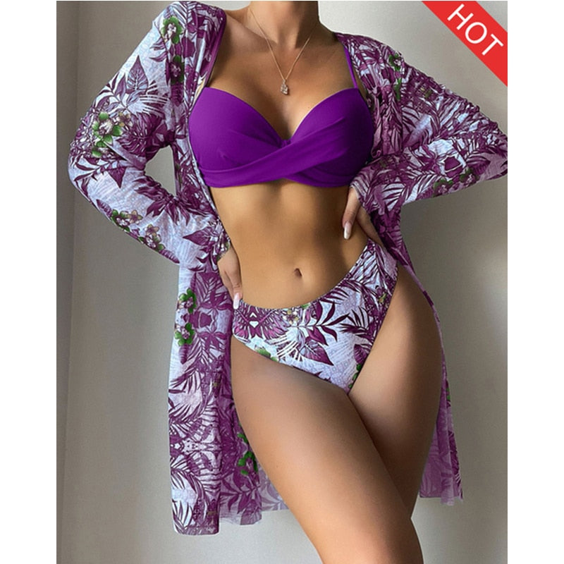 3 Piece Low Waist Floral Twist Cover Up Bikini Swimsuit Set