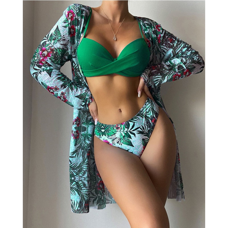 3 Piece Low Waist Floral Twist Cover Up Bikini Swimsuit Set