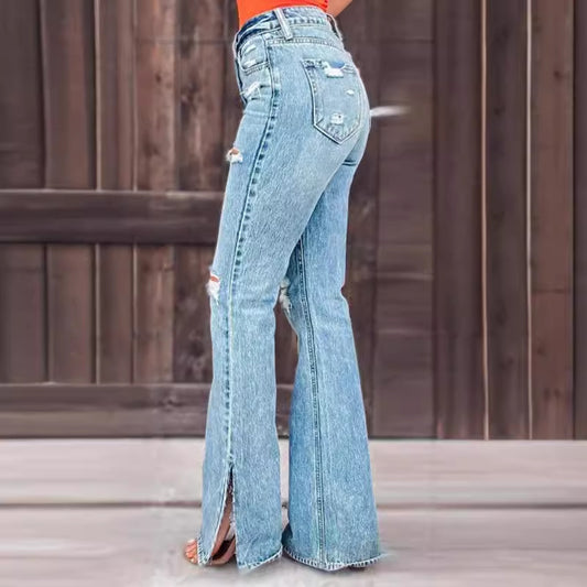 Woman's High Waist Ripped Stretch Split Trousers