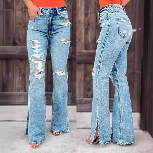 Woman's High Waist Ripped Stretch Split Trousers