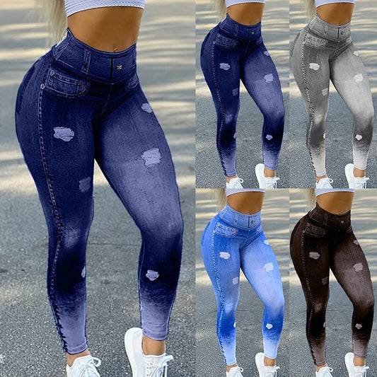 Woman's High Waist Faux Denim Jean Leggings